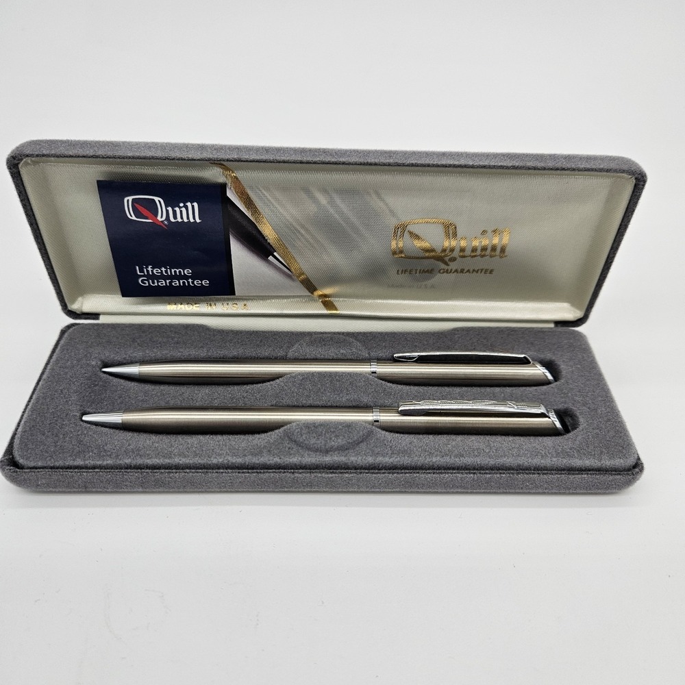 Vintage Quill Pen & Pencil Set Silver Tone NEW